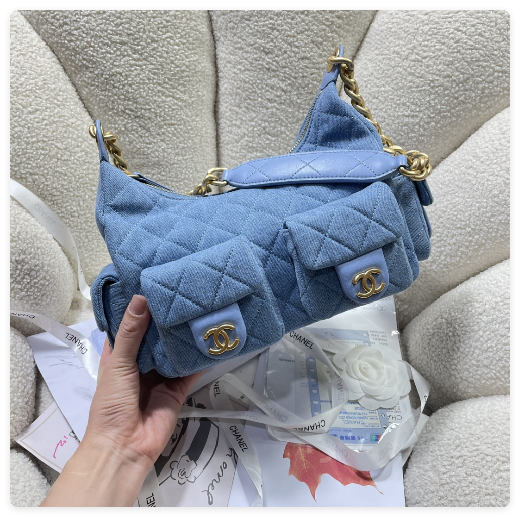 Ch*el cruise 2024/25 large hobo bag washed denim & gold-tone metal blue 22x 31x 15cm