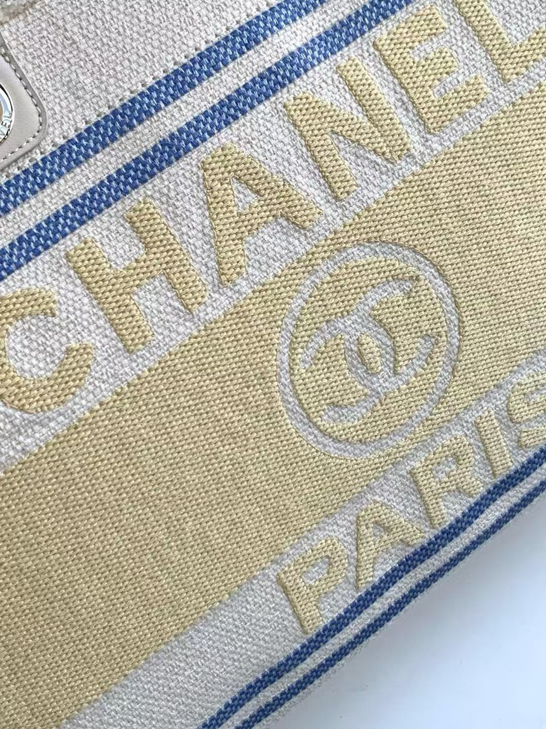 Ch*el shopping bag cotton canvas & gold-tone metal 38x30x22cm