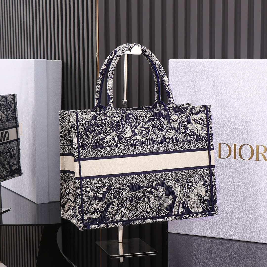 medium D*or book tote  blue and ecru toile de jouy reverse embroidery 14 x 11 x 6.5 inches